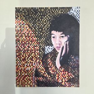 Vintage Original Painting On Canvas Asian Girl And Pixelized Pattern